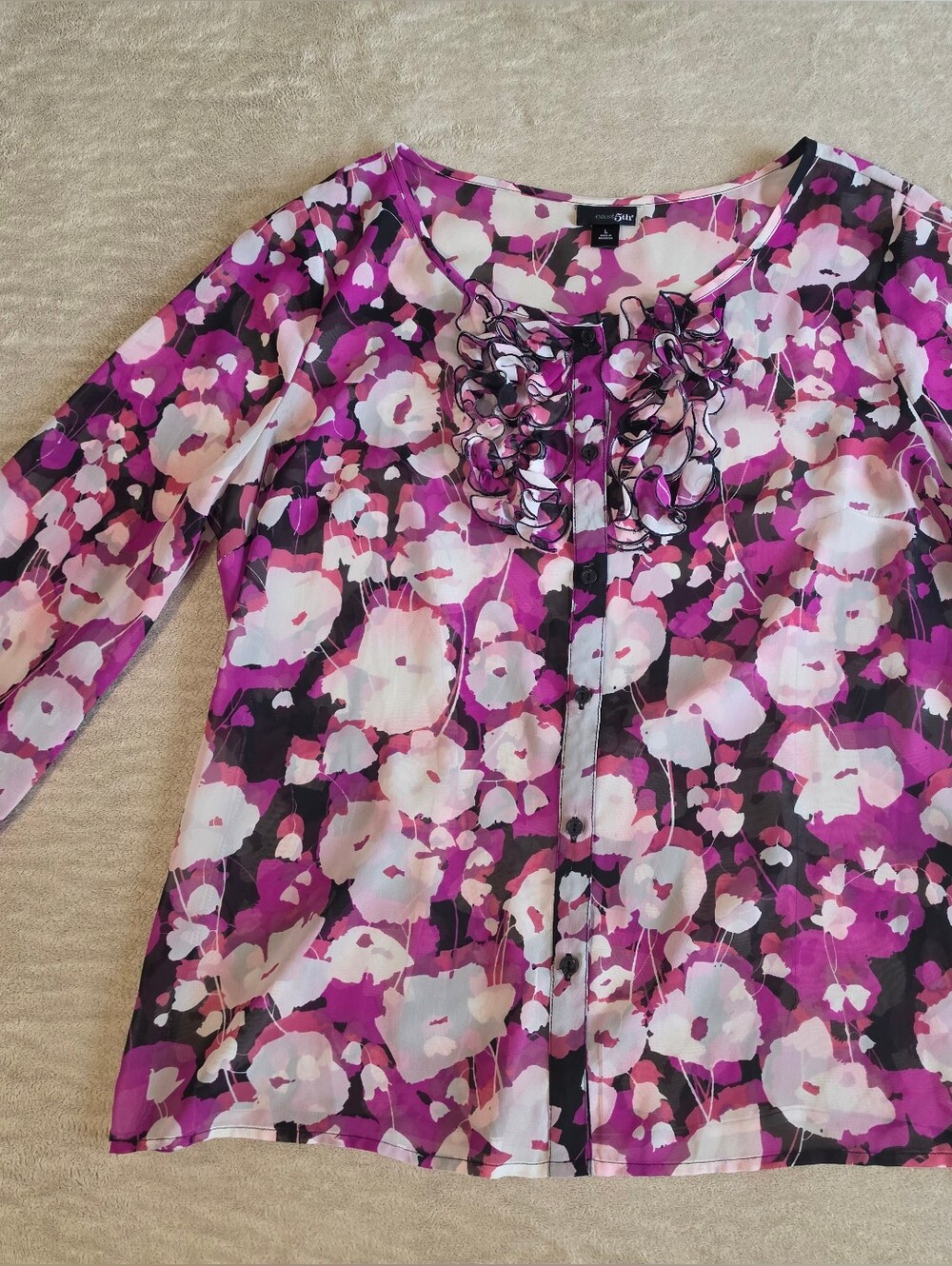 East 5th Floral Ruffle Front Blouse in Purple and White